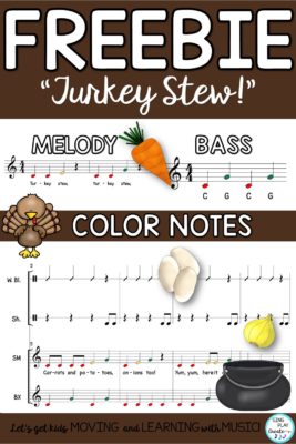 Orff arrangement "Turkey Stew" Freebie for elementary music teachers with color notes for easy teaching.