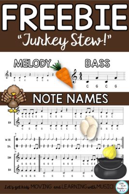 Orff arrangement "Turkey Stew" Freebie for elementary music teachers with note names for easy teaching.