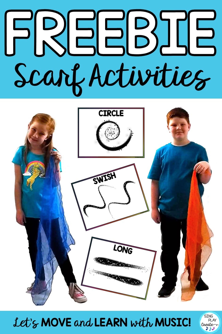 Are you ready for 12 free scarf movement activities? Are you ready for 12 free scarf movement activities?  Scarf movement activities are great for kids any time of year, Here are 12 free scarf activities you can use any time of year.
Read this informative blog post with 12 free scarf movement activities. SING PLAY CREATE