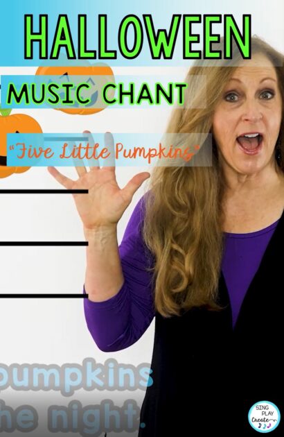 Chants are a GREAT way to teach beat, rhythm, and literacy skills.  “Five Little Pumpkins” Halloween Music Chant offers opportunities to reinforce reading skills and integrate movement with reading.  Preschool and Kindergarten teachers, as well as music teachers can use this easy to learn chant in many ways to help their students.  SING PLAY CREATE