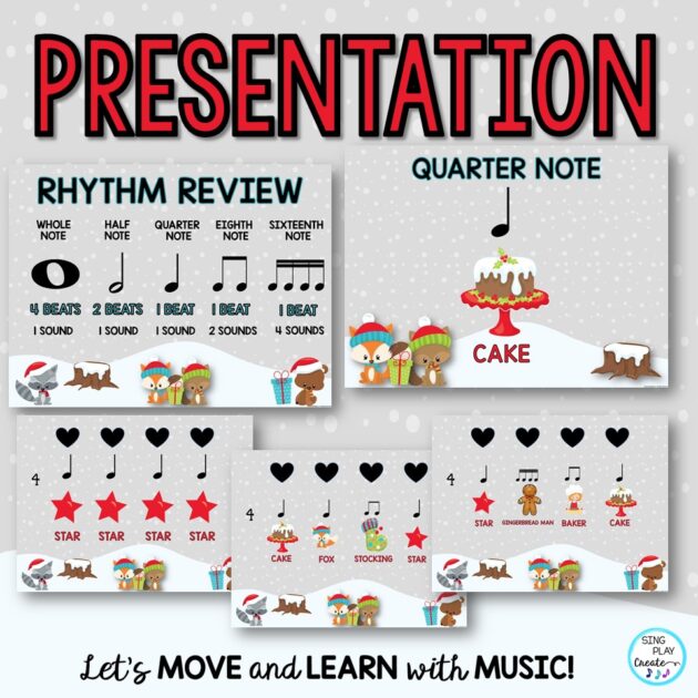 Holiday rhythm activities for online and in person music class lessons. These activities are interactive and engaging as well as seasonally friendly for December elementary music lessons. 