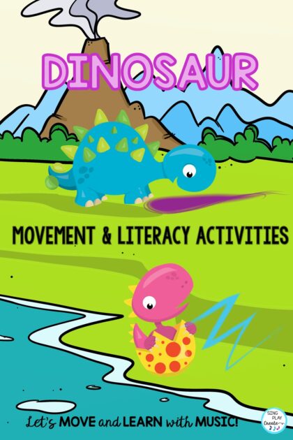 Dinosaur Music, Movement and Literacy Activities   Today I’m sharing some dinosaur music, movement and literacy activities for preschool through first grade children.

