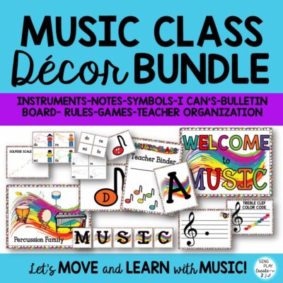 The music classroom decor bundle in bright vibrant happy music note colors that will energize and organize your music classroom.