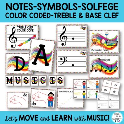 The music classroom decor bundle in bright vibrant happy music note colors that will energize and organize your music classroom.