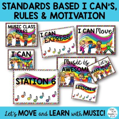 The music classroom decor bundle in bright vibrant happy music note colors that will energize and organize your music classroom.