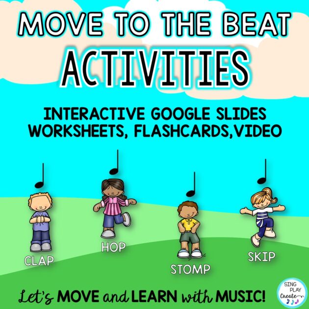 Let's play the steady beat with body actions!  This steady beat body percussion play along is the perfect steady beat activity for elementary music class.   Practice beat and body percussion using these fun actions: STOMP, CLAP, HOP, SKIP.   Elementary music students will have tons of fun with this body percussion play along while stomping, clapping, hopping, and skipping.