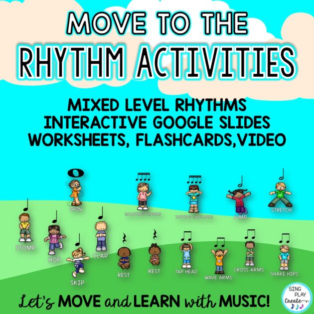 Move to the Rhythm Mixed Level elementary music rhythm activities with video, flashcards, worksheets and drag and drop google slides and digital images for online and in person music class lessons. Your students will love stretching, spinning, clapping, stomping the rhythms in this set of materials.

Students can create their own rhythm patterns using the worksheets and flashcards.

