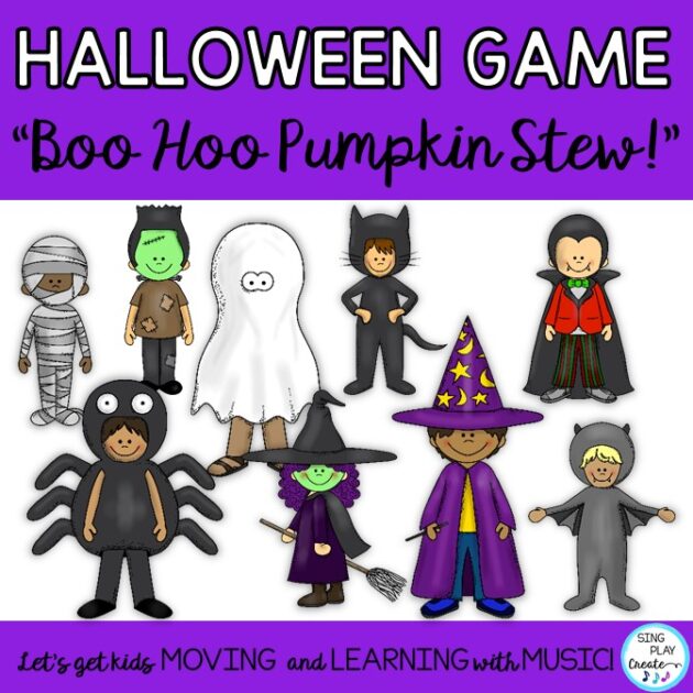 Play this Halloween Music Class rhythm game "Boo Hoo, What are You?" with all grades reinforcing rhythm skills and encouraging classroom community. Use the variations, printables and instrument activity ideas for K-3 lessons.