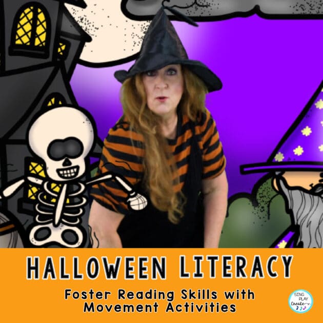 Halloween Action Song for Children to foster Reading skills with Movement Activities. 
Children love to move! And moving activities that are centered on relatable content will help children make important learning connections.
Moving to music and reading the Halloween character words can help children develop their reading skills. 
