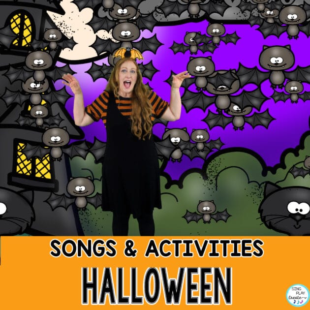 So, here are just a FEW of the FUN Halloween songs and activities for kids. Whether in Preschool, Kindergarten or elementary school, your kids will love Singing, Moving and Playing this Halloween using these Halloween Songs and Activities for Kids!