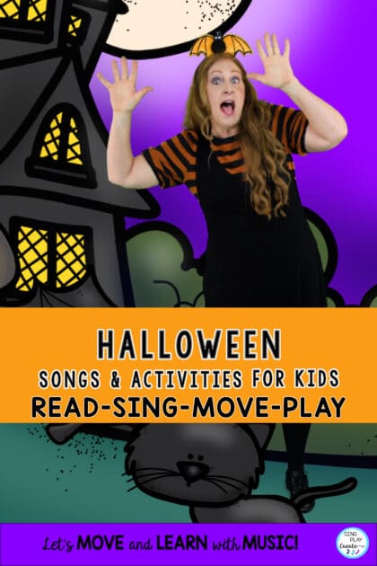 So, here are just a FEW of the FUN Halloween songs and activities for kids. Whether in Preschool, Kindergarten or elementary school, your kids will love Singing, Moving and Playing this Halloween using these Halloween Songs and Activities for Kids!