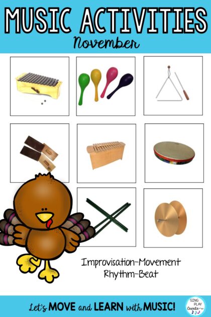 November Elementary music activities to teach improvisation, rhythm, beat and movement.  Fun activities for the K-5 general music classroom.