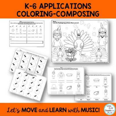 Music Class November Composing and Rhythm Activities K-6 No Prep Worksheets.  Students practice rhythms, create and compose as well as coloring activities.