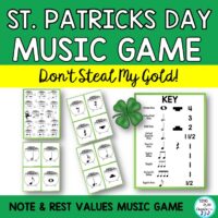 St. Patrick's Day Rhythm game "Don't Steal My Gold!" to reinforce and assess rhythmic and note values. It's get's a little crazy in music class playing this music rhythm value game! "Don't Steal My Gold" Rhythm Value game will keep your students actively engaged during your March Music Classes. You can choose the values you want to use in the game. Best for 3-6th grades.