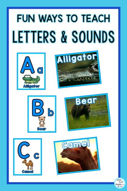 FUN WAYS TO TEACH LETTERS AND SOUNDS  Here are some fun ways to teach letters and sounds. Alphabet knowledge is one of the key building blocks on the path to reading and writing.   Use this animal alphabet song with preschool and kindergarten children to help them learn ABC letters and sounds by singing and moving with music. VIDEO VISUALS AND REFERENCE TOOLS Creating visuals and reference tools will help your children learn their alphabet letters and sounds.  Because children need easy access to the information, the “A, B C’S”, it’s helpful to make available a variety of tools. Print flashcards and put them on a ring, post posters on the walls and desks and create writing and art activities that help students visualize the alphabet letters and sounds. Songs, action rhymes and stories also help children learn.   SINGING THE ANIMAL ALPHABET SONG The ABC Animals Song, Alphabet and Phonics - is a fun animated music video for children to sing and learn the alphabet and read letters from A-Z.  Young children will love the alphabet animals and can sing along to learn phonics sounds and letters at the same time.  The ABC Animals Song by Sing Play Create is one of many songs to help children move and learn with music! Singing the Animals Alphabet Song is one way children can learn alphabet sounds and letters. Try doing these activities over several days- not all in one session. And, you can mix up the singing and moving activities over time to give children a chance to learn the song. First, watch the video and allow children to move freely to the music. Afterwards, sing along focusing on the letters, then sounds, then the animal pattern for each letter in the alphabet. Ask children to sing the letters too. You may want the children to jump or clap on each letter. Then, sing only the sounds. Use the “sh” sign on the other parts of the song and only say the sounds for each letter. Next, Sing the names of the animals. Children may want to move like the animal-but the focus is on singing the names. Finally, put all the learning together by singing all the letters, sounds and animals.  MOVE LIKE THE ANIMALS The Animal Alphabet Song can help children distinguish between the 26 letters of the alphabet and verbalize those letter sounds.  Learning animal names along with the alphabet letters can help children make connections between sounds and the letters. And the live action animals help keep children engaged in learning their sounds and letters. Children will also love moving like the animals.  Moving and singing has been shown to increase learning. As you play this song, ask the children to move like the animals instead of singing the words. You may want to scroll through the video and have them practice their animal moves. Have them call out the animal names too!  READ AND SAY THE ALPHABET LETTERS AND SOUNDS There are many ways to help children read and say the alphabet letters and sounds. The Animal Alphabet Song resource has flashcards of each animal and letters as well as letters and animal cards. You may want to choose a small number of letters when playing these games. Be sure to make as many cards as needed. IDENTIFYING ACTIVITIES HIDE and SEEK Place the animal and letter cards around the room. Ask the children to find a card and bring it to you or to pair up with a buddy. Have them share the letters and sounds on the cards. SING AND SAY IT Play the video without sound. Have the children be the “sound”.  If you purchase the resource, you will get a Karaoke track so they can sing it on their own.   Use the flashcards and have them point to the letter as they sing. CALL IT OUT In this activity the teacher will hold up the cards one at a time and ask student to either say the letter, the sound, or the animal. Be sure to do the letters out of order. It’s important for them to know them by identity and not by singing the “ABC” song.  The children could play the part of the teacher too! MY NAME STARTS WITH LETTER Have the children choose the card that has the letter that begins their name. It’s important to teach the letters out of order too. Instead of names, choose words that relate to their environment. Say something like; “which letter starts the word school?” S- SCHOOL D- DESk B- BACKPACK And so forth- TOSS AND NAME Place all the cards face down on the table or floor. Scatter them around so none are touching each other. Toss a bean bag or an eraser on the cards. Whichever card it lands on, the student then tells the letter, sound or animal.  MATCHING GAMES Matching games are a fun way to learn alphabet letters and sounds. You can stack the different sets of cards and have the children: MATCH THE ANIMAL TO THE LETTER MATCH THE LETTER TO THE ANIMAL SAY THE SOUND SAY THE LETTER SAY THE ANIMAL WALK AND SAY THE LETTERS AND SOUNDS One super fun activity is to make an alphabet trail using the cards. You may want to laminate them.  Basically, you place the letters on the floor or on a marker that creates a trail that the children have to follow. At each stop they say the letter, sound, and animal (or one of these). Choose an action they have to do to get to the next letter like hop, skip, jump, crawl.  When they have reached the end of the trail they get to cheer “I know my ABC letters (sounds)!”  If you are teaching a small number of children, you could have them collect their cards. (Be sure to make enough for each child.) Be sure to use this animal alphabet song with preschool and kindergarten children to help them learn ABC letters and sounds by singing and moving with music. Remember that repetition is an important teaching strategy to help children learn. RESOURCE IMAGE/LINK I’m hoping this animal alphabet song helps your children have fun learning their alphabet letters and sounds.