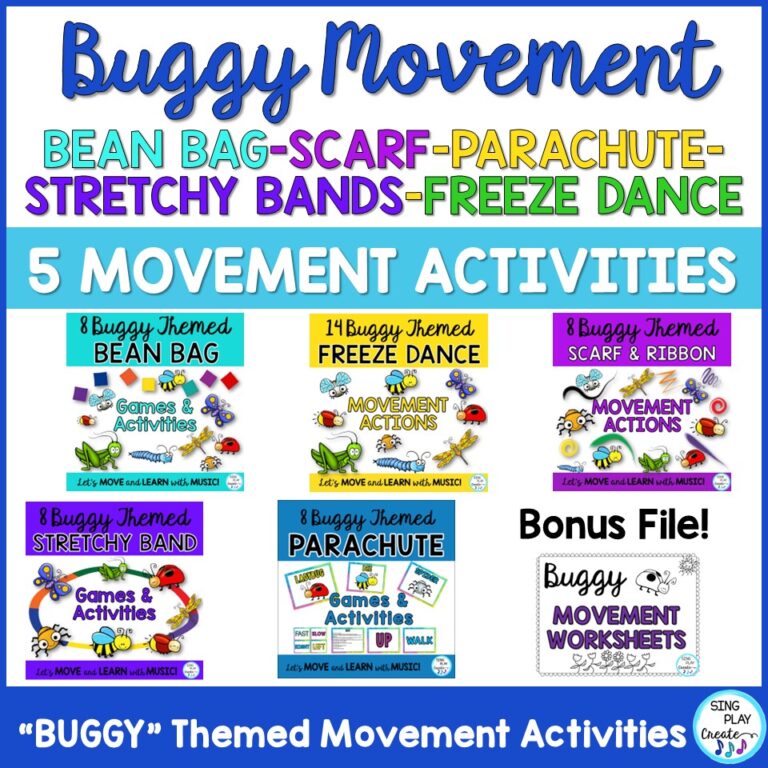 The Buggy Themed Movement Bundle includes activities for Bean Bags, Scarves, Stretchy Bands and Freeze Dance for PreK-3rd Grades. A bundle of diverse activities for children to stretch, bounce, hop, march, twist, wiggle and Freeze using a variety of movement props as they create, express and demonstrate music concepts through movement activities.