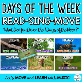 Let's learn the seven days of the week in circle time and carpet time with this fun action song "What Do You Do on the Seven Days of the Week?" Children will love moving like the animals for each day of the week which will help them learn to say the seven days of the week.

Easily follow along with the video and then have students practice on worksheets and with games using the flashcards. Use the posters for your classroom decor and learning stations.