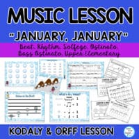 Bring on the winter fun in Music class with this elementary January music lesson with an original song “January, January”. Diverse set of activities to teach do, mi, so, la and sixteenth note rhythms as well an an ORFF arrangement with 2 Ostinati. Kodaly elements in this lesson will get students singing, signing solfege too! Sing the song, and have students playing instruments right away. Vocal and Karaoke tracks for easy teaching.
