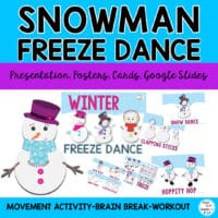 Winter Freeze Dance google slides, presentation and flash cards for Music, P.E. exercise, any classroom and age. Take a Brain Break with fun winter snowman.  Get your wiggle and giggle on then FREEZE!