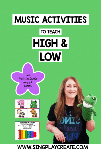 High and Low Music Activities for PreK-2nd grades.
I'm sharing 6 different music activities you can use in the elementary music classroom to teach HIGH and LOW.
I love using movement and action songs to teach music concepts.  
These diverse teaching ideas will help you reach all your little learners.  There's singing, moving, using manipulatives and game activities for a fun class time.

LEARN MORE