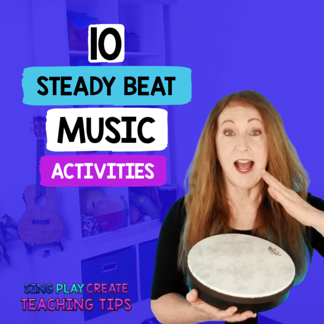 10 Steady Beat Activities for 
 music teachers. Teaching Kindergarten?  Then you’ll want to read this post that’s filled with Steady Beat music class activities. Young children need a variety of experiences feeling the steady beat.  And this post has TONS of ideas for you that are easy to implement and use the instruments and props you’ll have in your classroom.