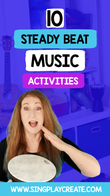 10 Steady Beat Activities for 
 music teachers. Teaching Kindergarten?  Then you’ll want to read this post that’s filled with Steady Beat music class activities. Young children need a variety of experiences feeling the steady beat.  And this post has TONS of ideas for you that are easy to implement and use the instruments and props you’ll have in your classroom.