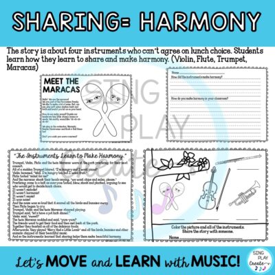 The “Instruments Learn How to Make Harmony” instrument story is about four instruments (Violin, Flute, Trumpet, Maracas) who can’t agree on lunch choice. Students learn how the instruments share and make harmony. Best for grades PreK-3