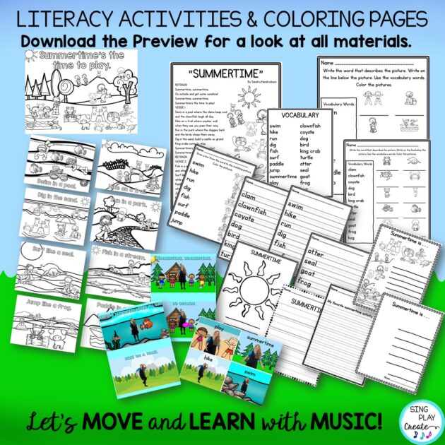"Summertime" song and activities for children. Sing the song, write about summer activities, play ukulele, coloring, writing, reading activities. Cross curricular activities for children.