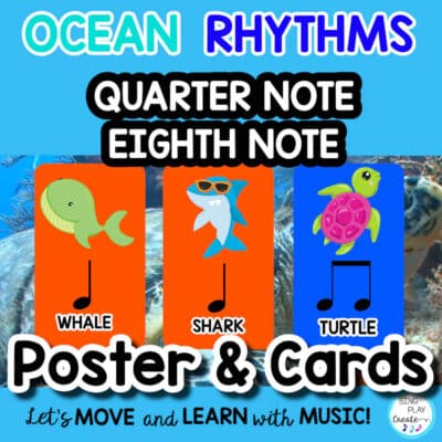 Ocean rhythm cards to learn beginning rhythms. It's time to dive deep into ocean rhythm fun with quarter and eighth note rhythms and patterns. Ocean themed Rhythm activities for children.