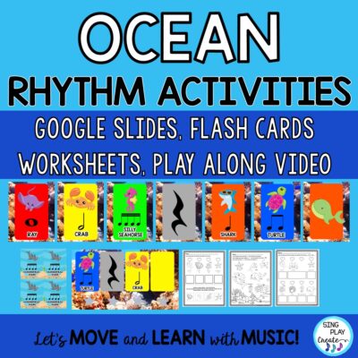 The Ocean Friends Mega Bundle of Rhythm Activities all Levels resource covers Icon Rhythms, Quarter Note, Eighth Note, Quarter Rest, Sixteenth Note, Half Note, and Whole Notes too! Make your teaching life easy!