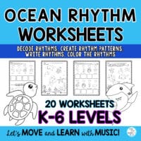 Ocean Rhythm Worksheets K-6 Levels Print & Go for the elementary music teacher, piano teacher, homeschool music lessons and private music teachers to help their students learn rhythms through decoding, coloring and writing activities.