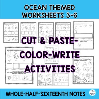 Ocean Rhythm Worksheets K-6 Levels Print & Go for the elementary music teacher, piano teacher, homeschool music lessons and private music teachers to help their students learn rhythms through decoding, coloring and writing activities. SING PLAY CREATE