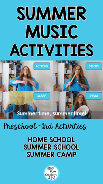 :  Learn how to take the song "Summertime" and create a music lesson to teach beat, rhythm, scarf movement and hand actions.
Use the activities at home or at school for an interactive music experience.
SING PLAY CREATE MUSIC EDUCATION ACTIVITIES