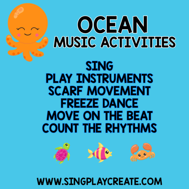 Let's take dive into ocean themed music activities for Preschool through elementary ages. Ocean music activities to teach beat, rhythm, singing, playing instruments.

Get lesson ideas and format along with the activities in this useful blog post.

 Sing a Song
Scarf Movement
Rhythm Activity with Instruments
Ocean Freeze Dance
Coloring Activity