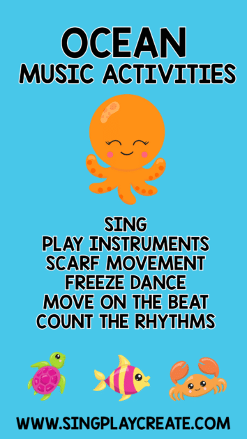 Let's take dive into ocean themed music activities for Preschool through elementary ages. Ocean music activities to teach beat, rhythm, singing, playing instruments.

Get lesson ideas and format along with the activities in this useful blog post.

 Sing a Song
Scarf Movement
Rhythm Activity with Instruments
Ocean Freeze Dance
Coloring Activity