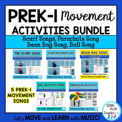 This Preschool, Kindergarten and First grade movement songs activity bundle has songs for your early childhood activities. Inside you'll find a parachute song, 2 scarf and ribbon songs, a song to move with a ball and a bean bag activity song. Movement songs help children exercise gross motor muscles, strengthen fine motor skills and help the brain make connections.