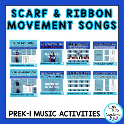 This Preschool, Kindergarten and First grade movement songs activity bundle has songs for your early childhood activities. Inside you'll find a parachute song, 2 scarf and ribbon songs, a song to move with a ball and a bean bag activity song. Movement songs help children exercise gross motor muscles, strengthen fine motor skills and help the brain make connections.
