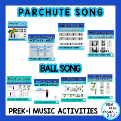 This Preschool, Kindergarten and First grade movement songs activity bundle has songs for your early childhood activities. Inside you'll find a parachute song, 2 scarf and ribbon songs, a song to move with a ball and a bean bag activity song. Movement songs help children exercise gross motor muscles, strengthen fine motor skills and help the brain make connections.