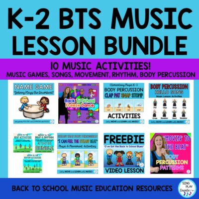 Kindergarten, First Grade, Second Grade music lesson and movement bundle with the essentials you need to kickstart your school year with the foundational materials for your elementary music lessons. You get everything you need for your first month activities and beyond. Hello Song, a Movement Song to the Steady Beat, Body Percussion Activities, Rhythm reading and movement play along, Name Game, Freeze Dance and a Back to School song to sing.