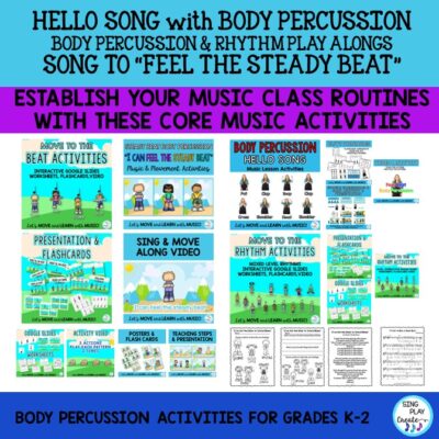 Kindergarten, First Grade, Second Grade music lesson and movement bundle with the essentials you need to kickstart your school year with the foundational materials for your elementary music lessons. You get everything you need for your first month activities and beyond. Hello Song, a Movement Song to the Steady Beat, Body Percussion Activities, Rhythm reading and movement play along, Name Game, Freeze Dance and a Back to School song to sing.