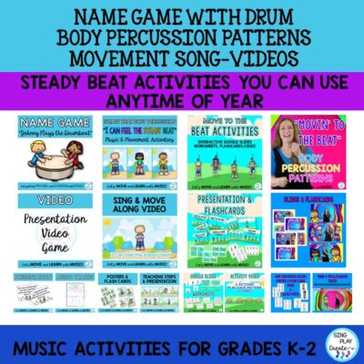 Kindergarten, First Grade, Second Grade music lesson and movement bundle with the essentials you need to kickstart your school year with the foundational materials for your elementary music lessons. You get everything you need for your first month activities and beyond. Hello Song, a Movement Song to the Steady Beat, Body Percussion Activities, Rhythm reading and movement play along, Name Game, Freeze Dance and a Back to School song to sing.