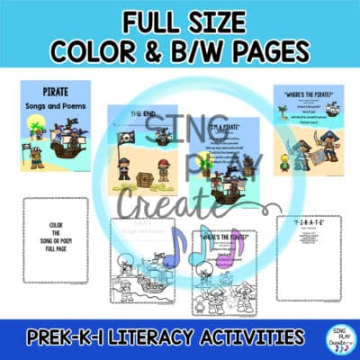 Pirates can help your preschool, kindergarten and first graders read and write, sequence and decode familiar words with these fun songs and poems. Yer preschool, kindergarten, first and second Graders will love this here fun literacy skill building treasure! Sing, Move, Chant, Read and color these here captivating "Piratey" songs during literacy time, strengthen oral language, auditory memory, sequencing and imagination. SING PLAY CREATE