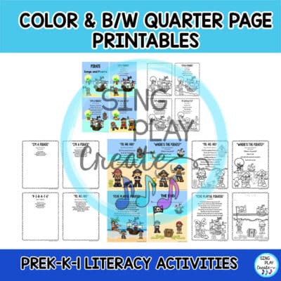 Pirates can help your preschool, kindergarten and first graders read and write, sequence and decode familiar words with these fun songs and poems. Yer preschool, kindergarten, first and second Graders will love this here fun literacy skill building treasure! Sing, Move, Chant, Read and color these here captivating "Piratey" songs during literacy time, strengthen oral language, auditory memory, sequencing and imagination.