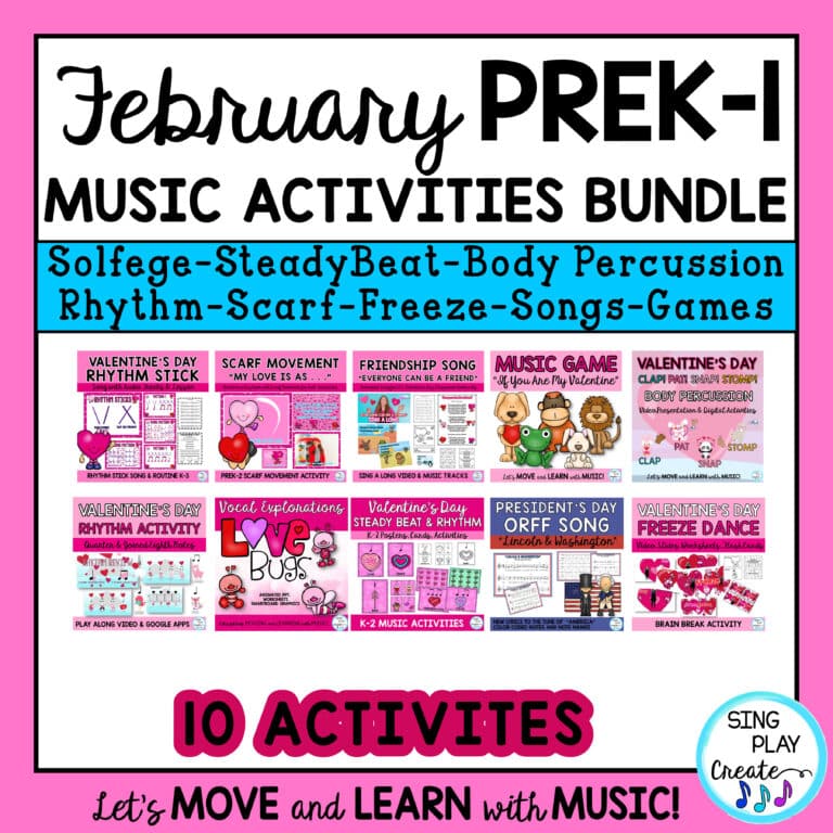 February Preschool, K-1 Music Lesson and Movement Activity Bundle