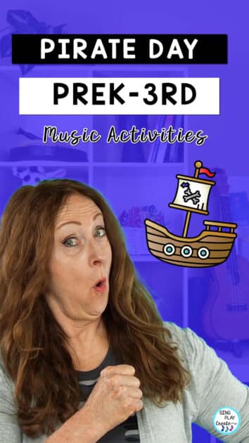 Pirate music and movement activities for children.  This post is filled with pirate music and movement activities for preschoolers, kindergarten, first, and second and third grade students.   LEARN MORE AT SING PLAY CREATE