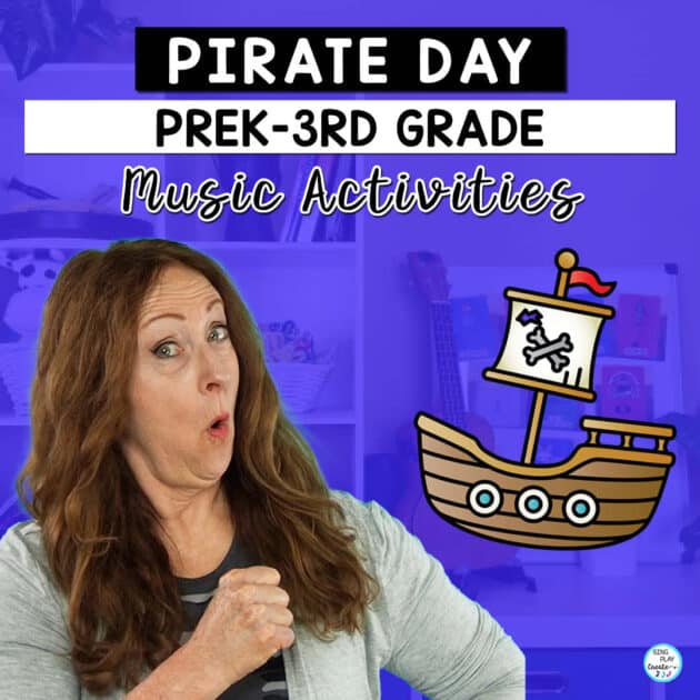 Pirate music and movement activities for children.  This post is filled with pirate music and movement activities for preschoolers, kindergarten, first, and second and third grade students.   LEARN MORE AT SING PLAY CREATE