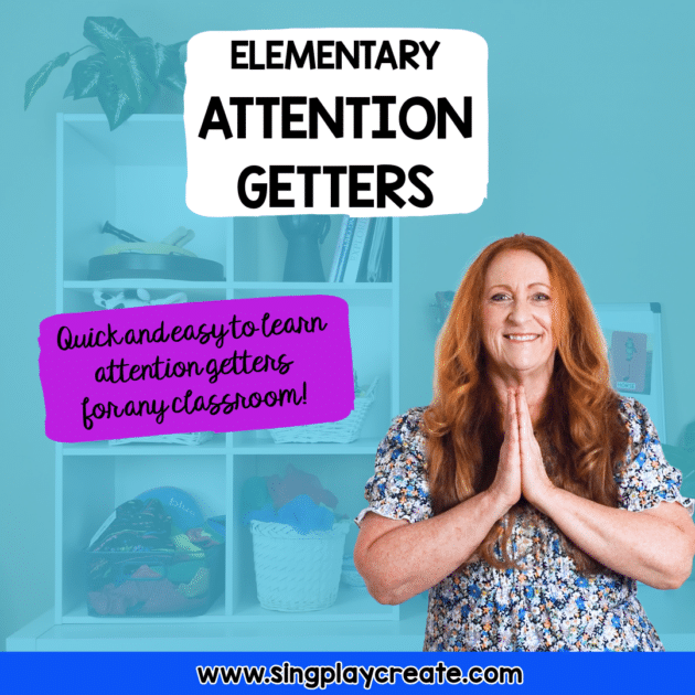 Attention getters are great for elementary teachers to use in their classrooms because they help with classroom management, classroom community and team building.  They are a clear and specific communication with your students. 
When you use an attention getter students know exactly what they are supposed to do!  This solves a lot of classroom management issues and helps students stay focused.
This helps them and it helps the teacher.
They set the tone of your classroom too!
Here’s some attention getters I found and made up that can be used in the elementary classroom.