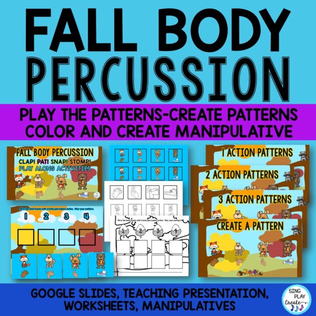 Fall is fun in music class when students play body percussion. These music activities are just right for the fall season in Preschool and Kindergarten. Students will experience moving to the steady beat. CLAP-PAT-SNAP-STOMP with fun forest animals.