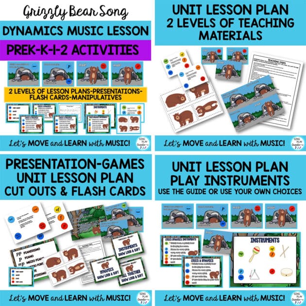 Music Lesson: Loud/Soft Dynamics "Grizzly Bear" Song Kindergarten, First Grade  Music Lesson to Teach Dynamics with Instrument Activities using the loveable "Grizzly Bear" Song. Let's help preschool, kindergarten and first graders learn loud and soft through singing, moving and playing instrument activities.