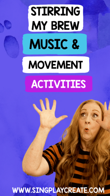 Halloween Music Activities for the Song Stirring My Brew including singing, moving, waving scarves, playing instruments and a game for the elementary music teacher, home school mom and preschool music and movement teacher.